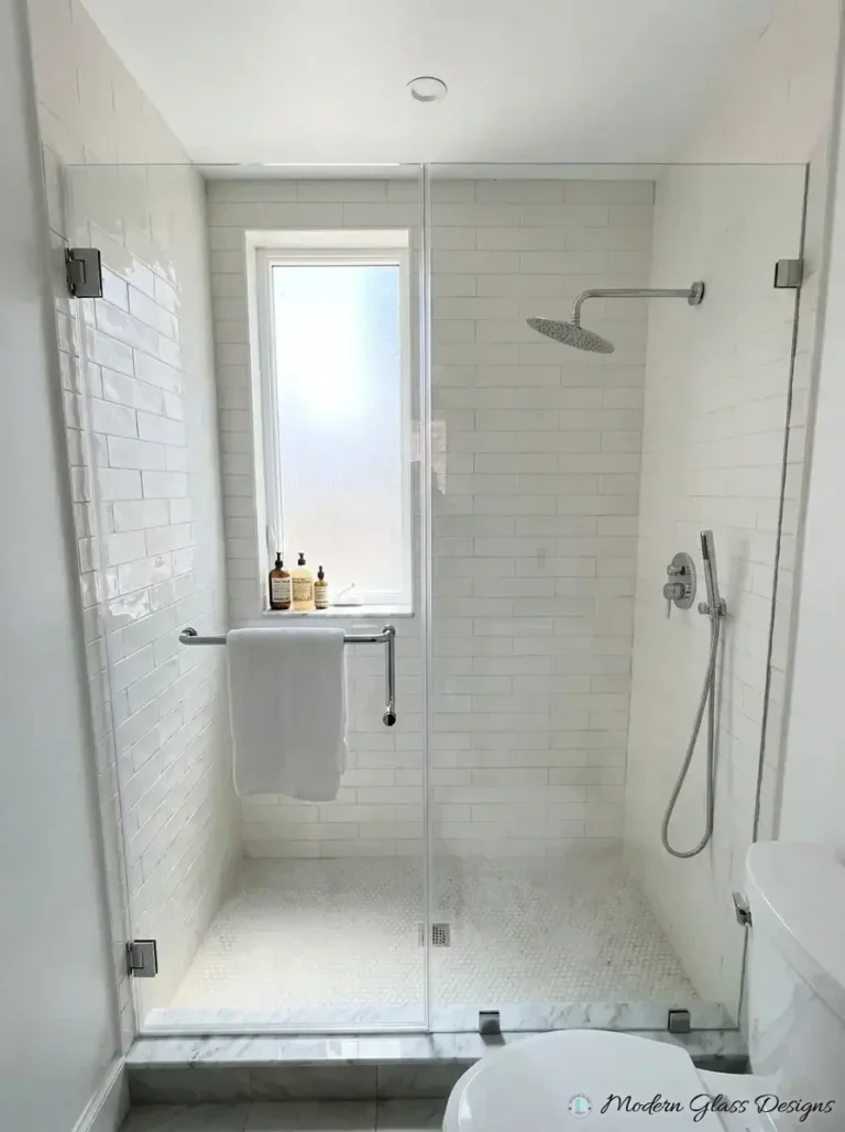 Frameless inline shower panel and door with a towel bar handle