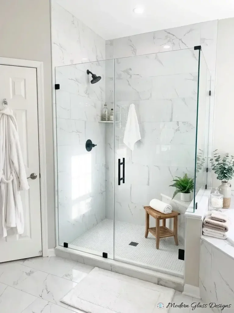 Frameless corner shower with door, panel and glass return, matte black ladder pull