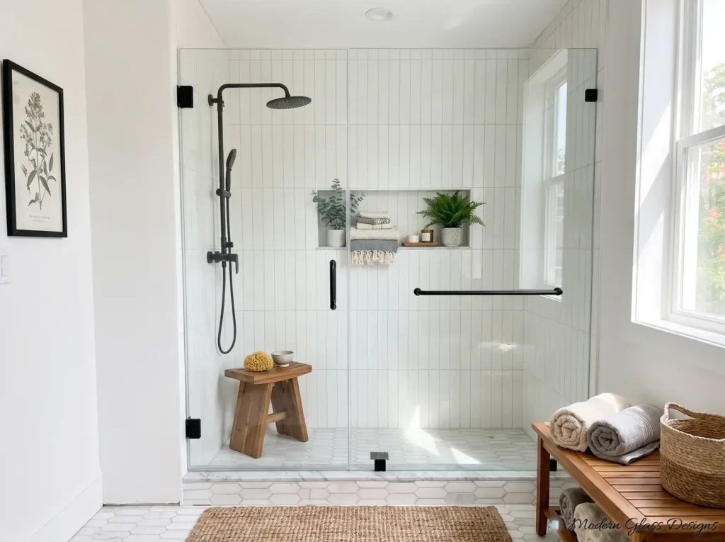 Frameless inline shower door and panel with matte black hinges, handle and towel bar