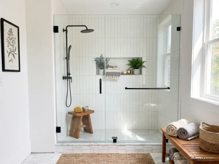 Frameless inline shower door and panel with matte black hinges, handle and towel bar