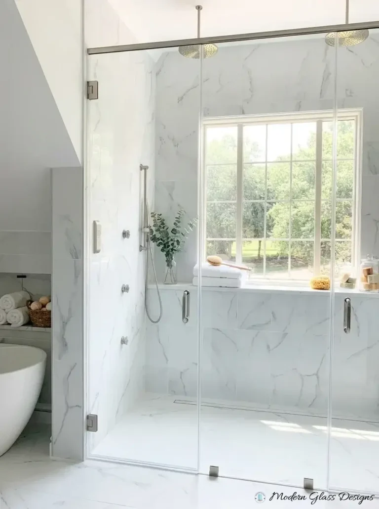 Four-panel frameless inline shower with two doors and a header bar