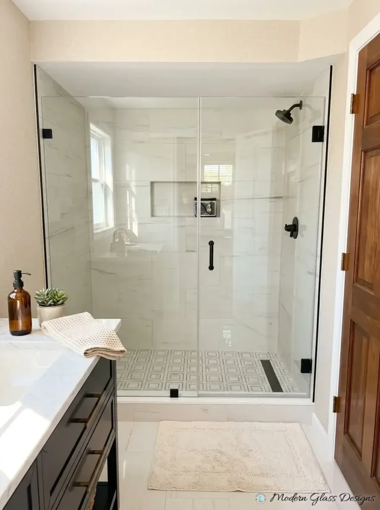 Frameless inline shower panel and door with matte black clamps and linear drain