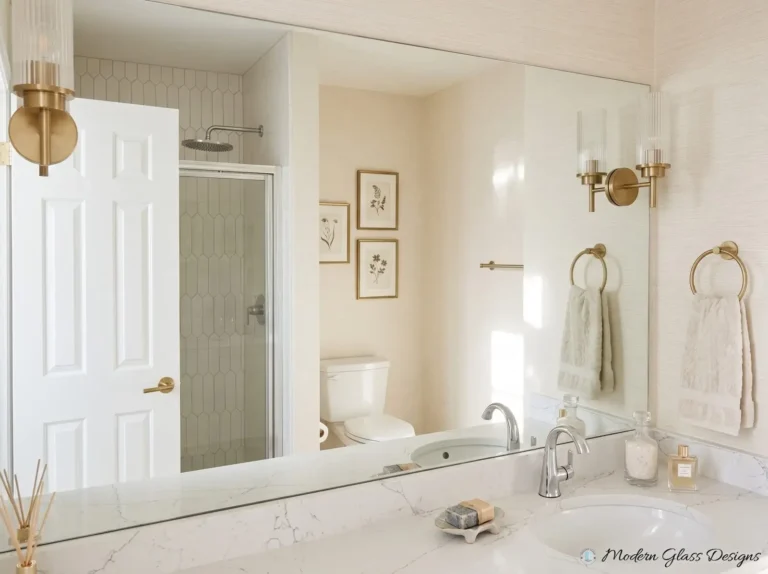 Large frameless vanity mirror with a brass sconce mounted on the mirror