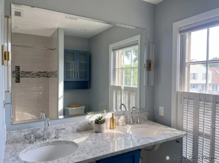 Large frameless mirror above a double vanity with a wall light mounted on the mirror
