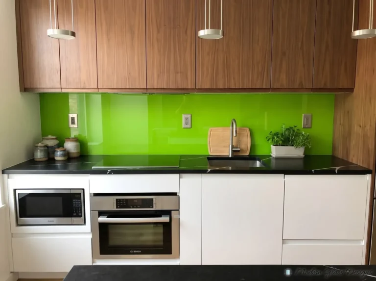 Lime green back-painted glass backsplash with outlet cutouts under walnut wall cabinets