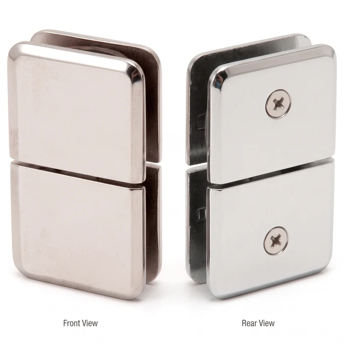 BGC188 beveled glass-to-glass transom shower clamp, front and rear view in Polished Nickel