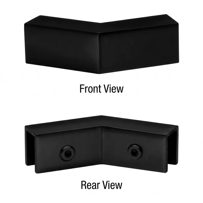 S0GC135 sleeve-over 135° glass-to-glass shower clamp, front and rear view in Matte Black