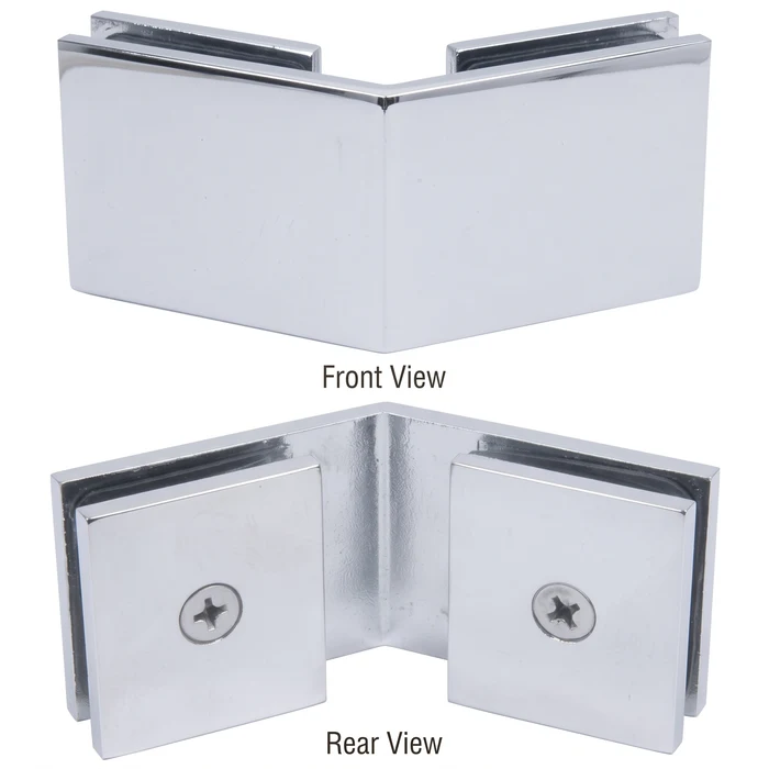 SGC135 square 135° glass-to-glass shower clamp, front and rear view in Polished Chrome