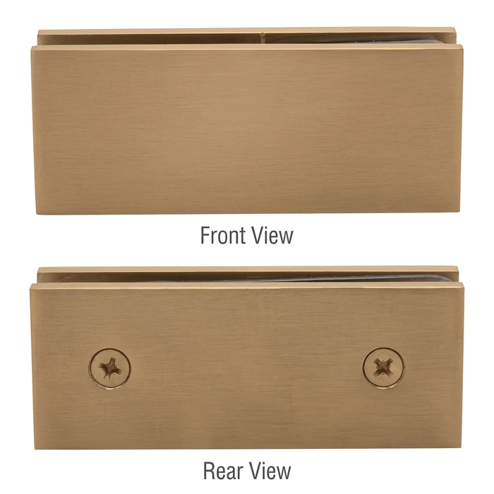 SGC180 square 180° glass-to-glass shower clamp, front and rear view in Brushed Bronze