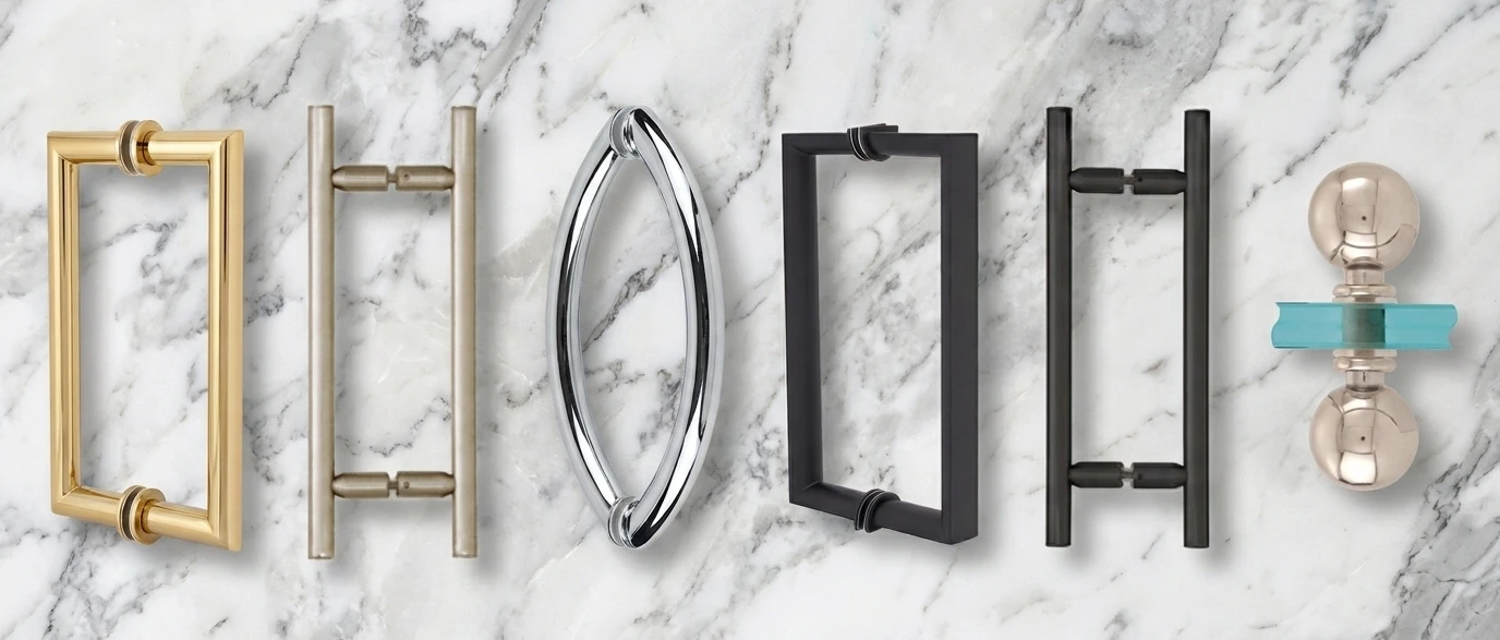 Shower door pull handles and a knob in polished brass, brushed nickel, polished chrome, matte black and polished nickel finishes