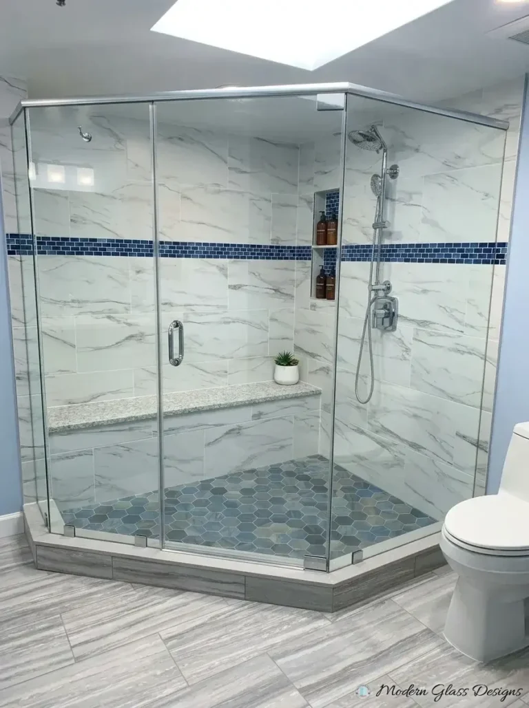Neo-angle glass shower enclosure with chrome header and door