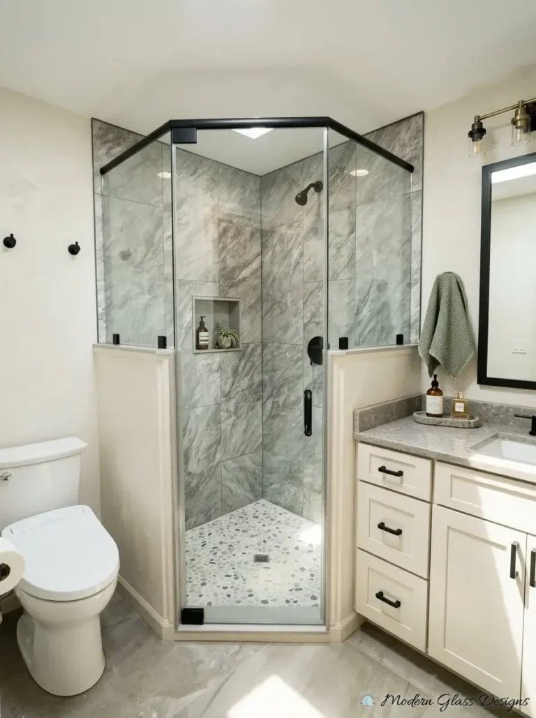 Neo-angle shower on knee walls with matte black header bar