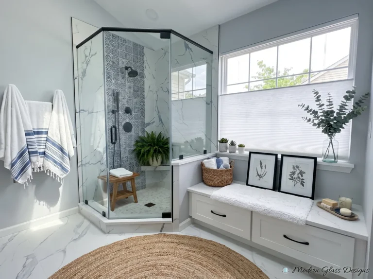 Neo-angle frameless shower with a matte black header and patterned accent tile