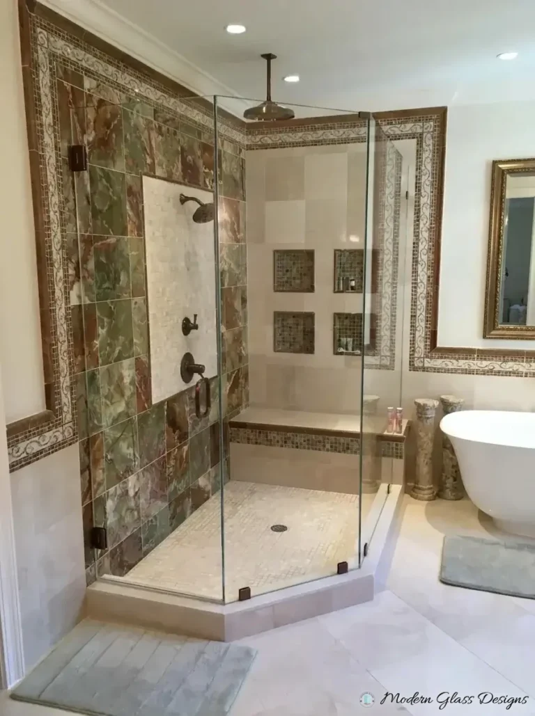 Frameless neo-angle shower enclosure with oil-rubbed bronze hardware