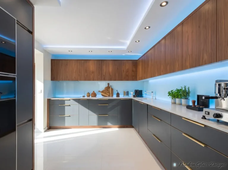 Pale blue back-painted glass backsplash under walnut wall cabinets
