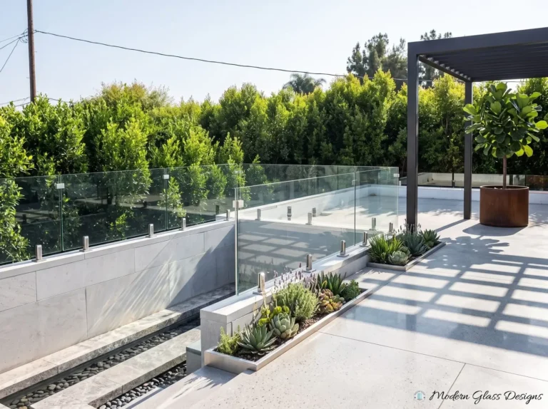 Frameless glass railing on spigots along a patio wall beside a pergola