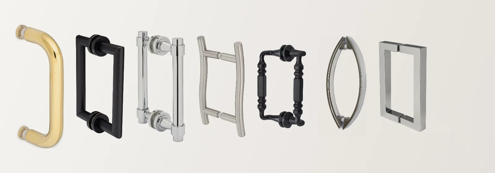 Portals luxury shower door pulls in polished brass, matte black, polished chrome and brushed nickel finishes