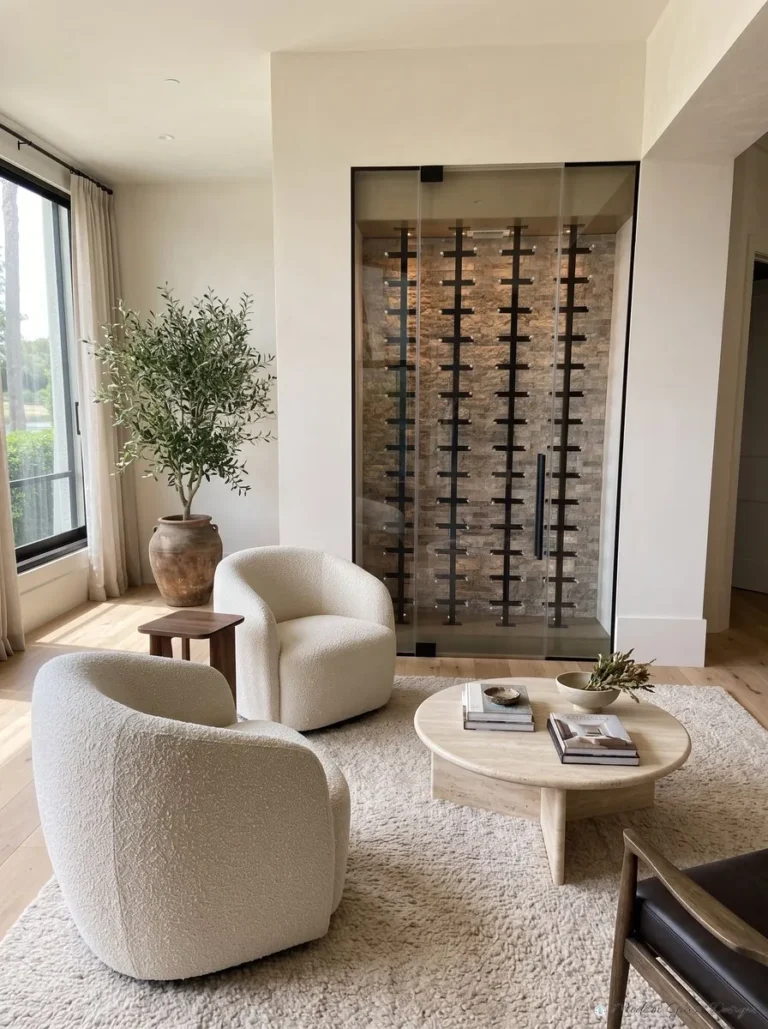 Recessed glass wine cellar front with a black-framed door