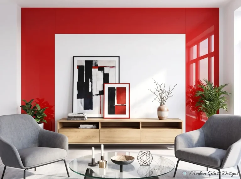 Red back-painted glass accent wall framing a white wall and wood media console in a living room