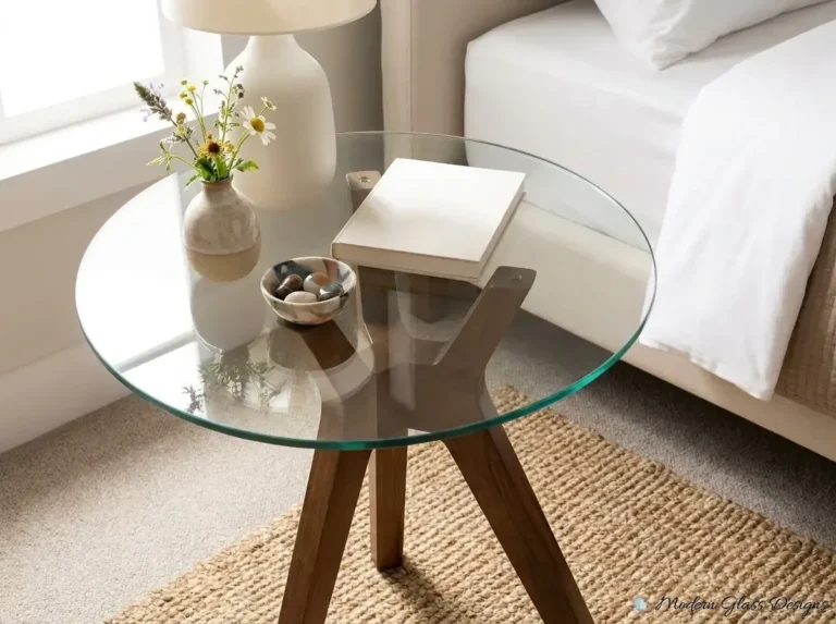 Round glass top on a wood side table