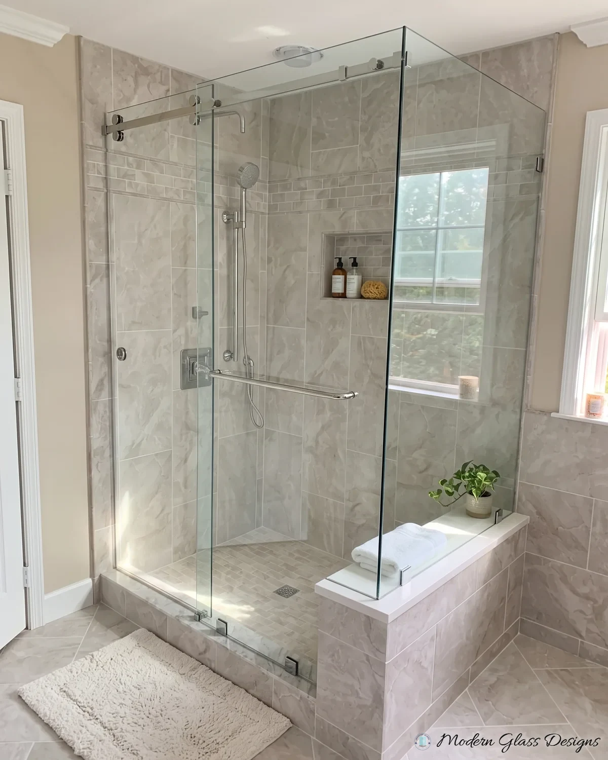 Serenity Series frameless sliding shower door with a corner return panel and built-in bench
