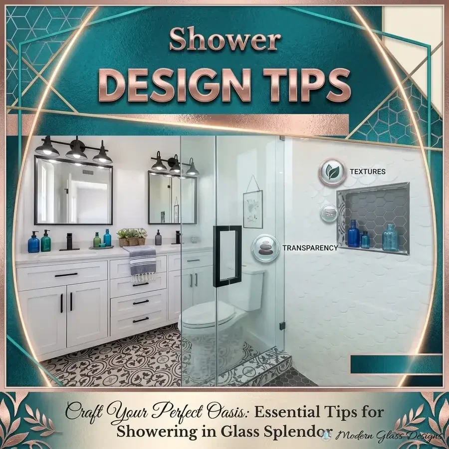 Shower design tips graphic with a frameless glass shower door beside a double vanity