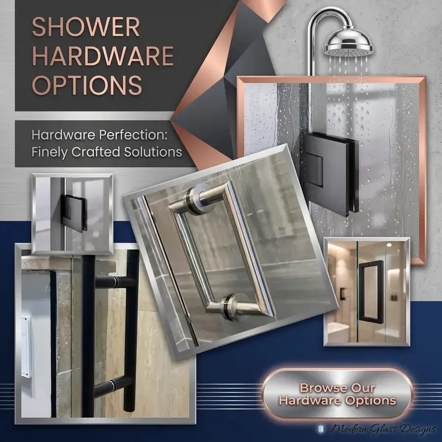 Shower hardware options graphic with hinges and door pulls in chrome, brushed nickel and matte black