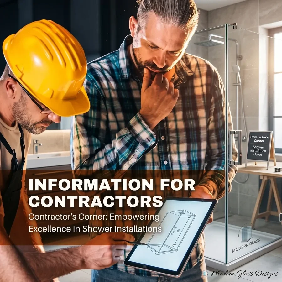Information for contractors graphic with two contractors reviewing a shower enclosure drawing on a tablet