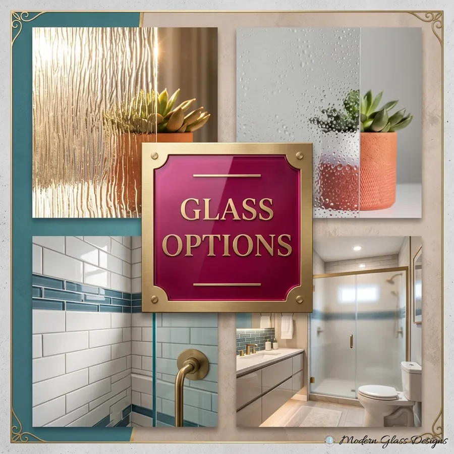 Shower glass options graphic with textured, rain and frosted glass samples