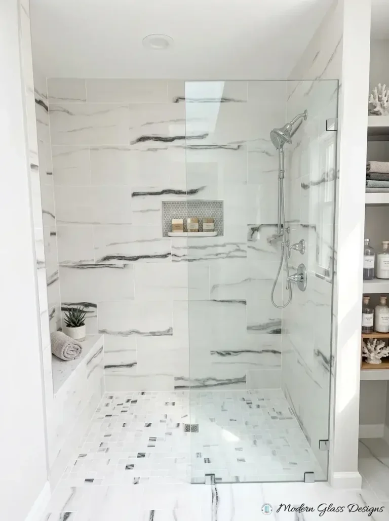 Fixed walk-in shower glass panel with wall clamps