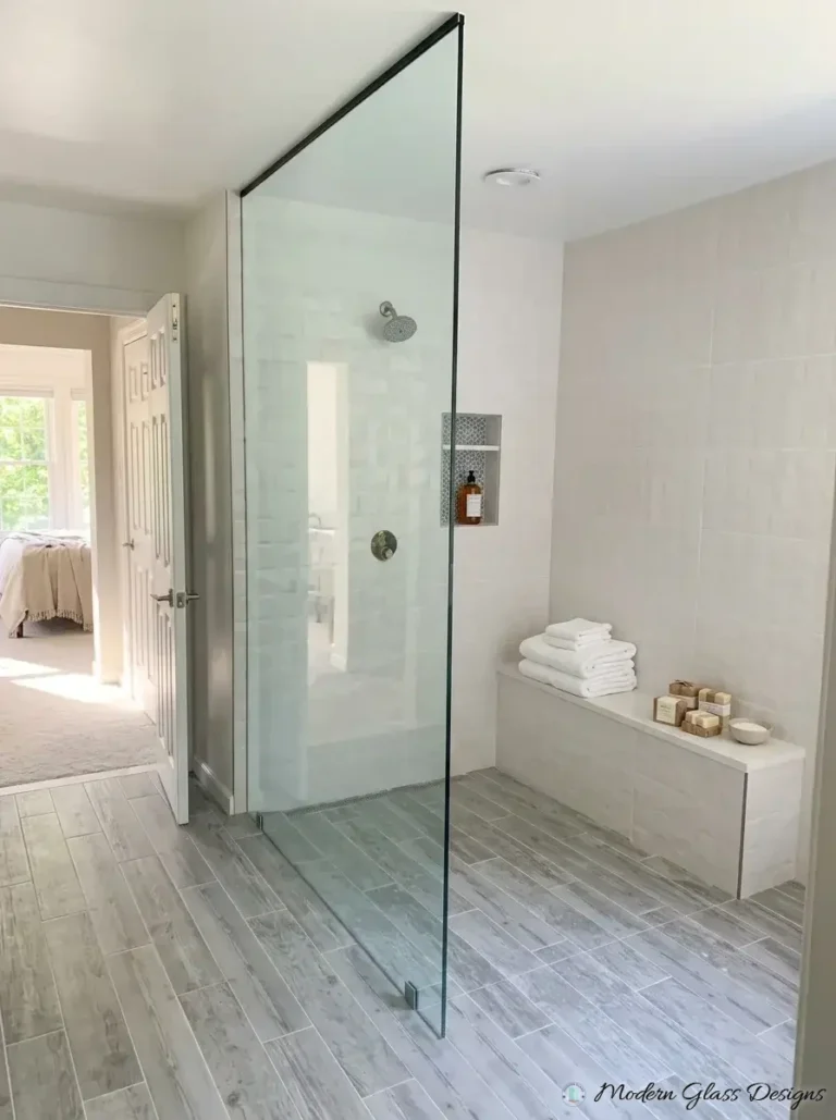 Freestanding fixed shower panel with matte black support bar