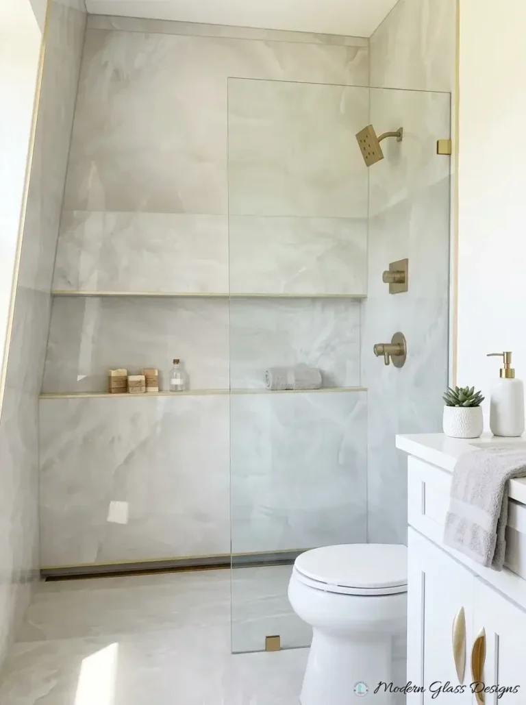 Fixed walk-in shower panel with brushed gold clamps