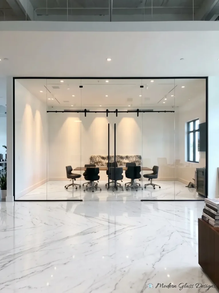 Frameless sliding glass doors on an exposed black track at a glass conference room