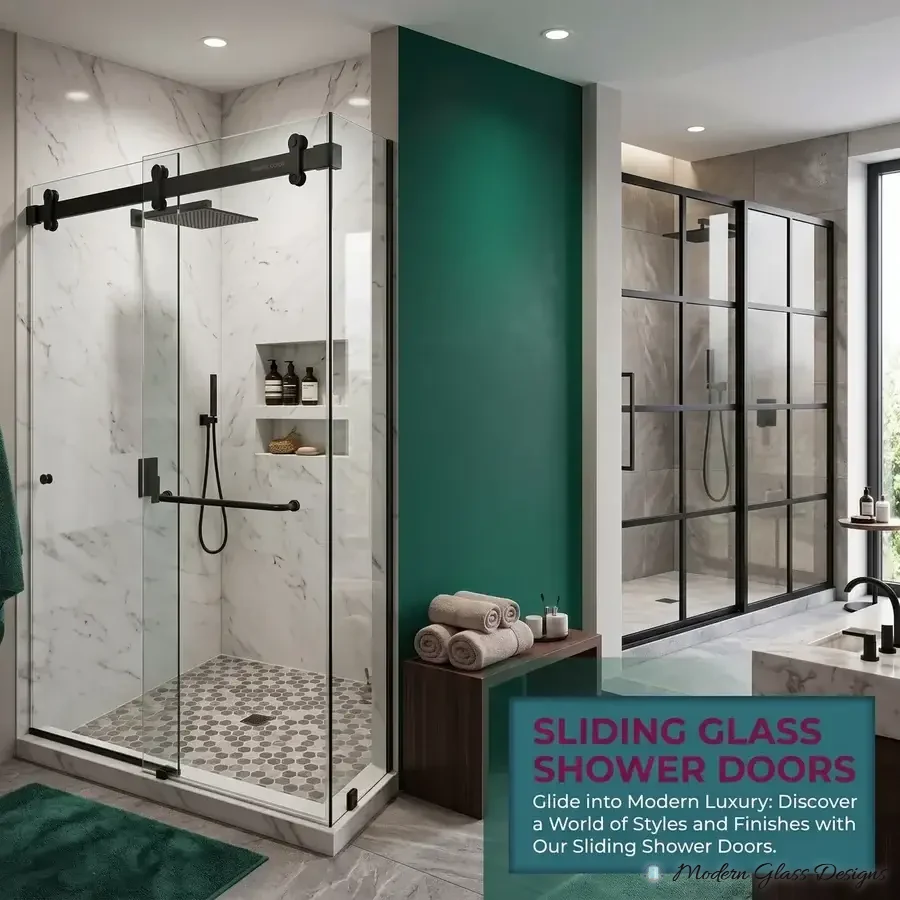 Sliding glass shower doors with matte black hardware, beside a black grid enclosure
