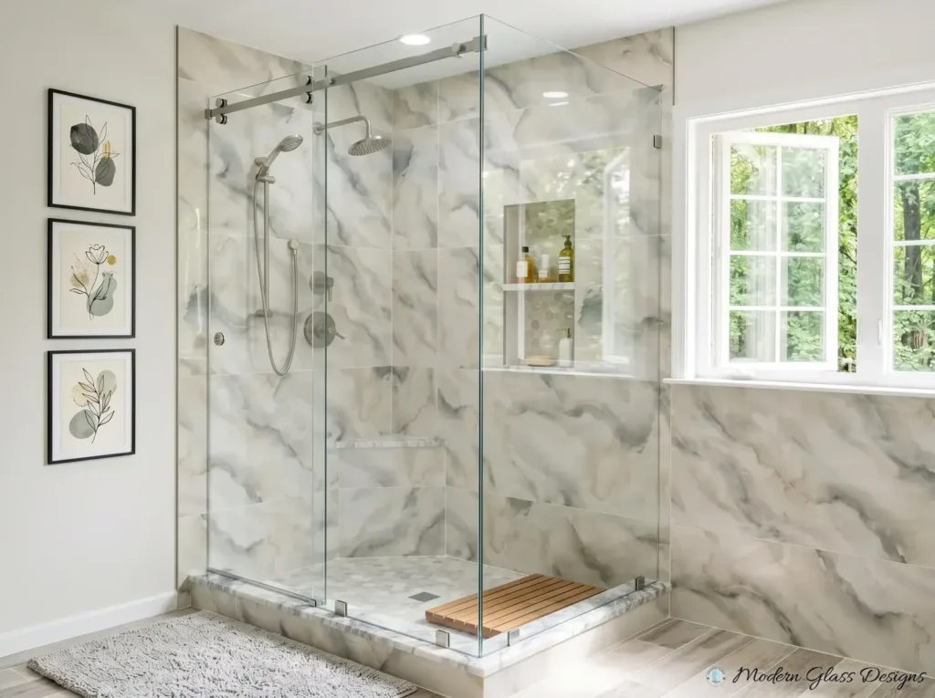 Sliding glass shower enclosure with a corner return panel, built-in bench and marble tile