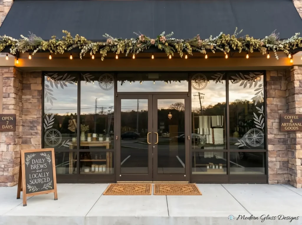 Small business aluminum storefront with bronze framing, entrance doors and display windows