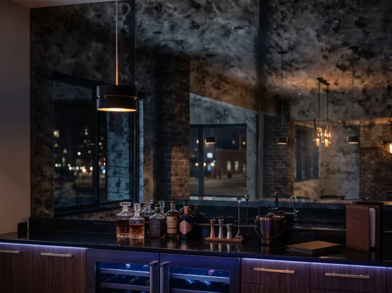 Large smoky antique mirror panels above a bar counter with wine coolers