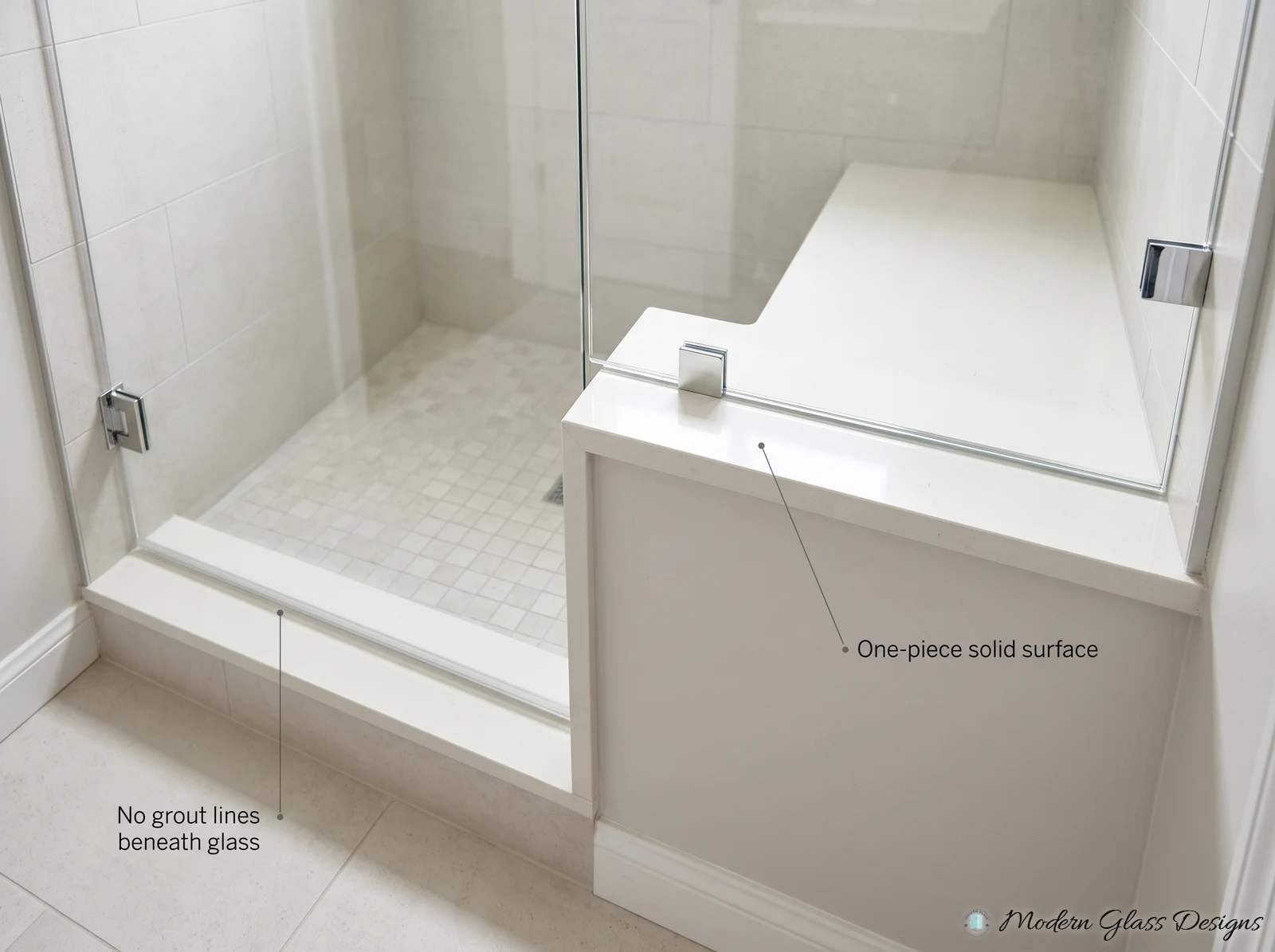 Frameless shower with a one-piece solid surface curb and knee wall top, with no grout lines beneath the glass