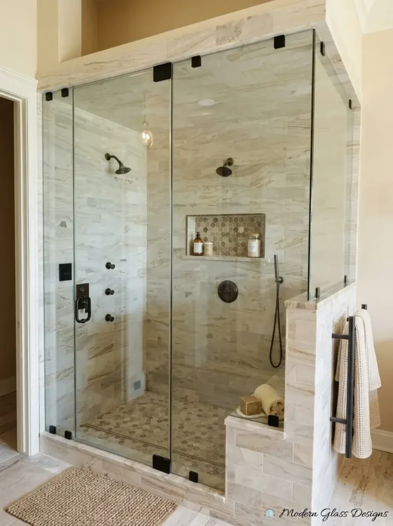 Steam shower enclosure with matte black clamps and knee wall