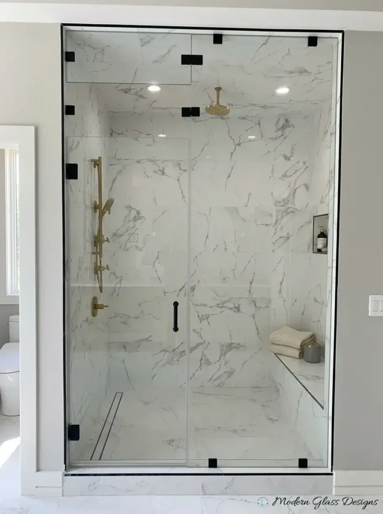 Steam shower front with matte black perimeter channel and transom