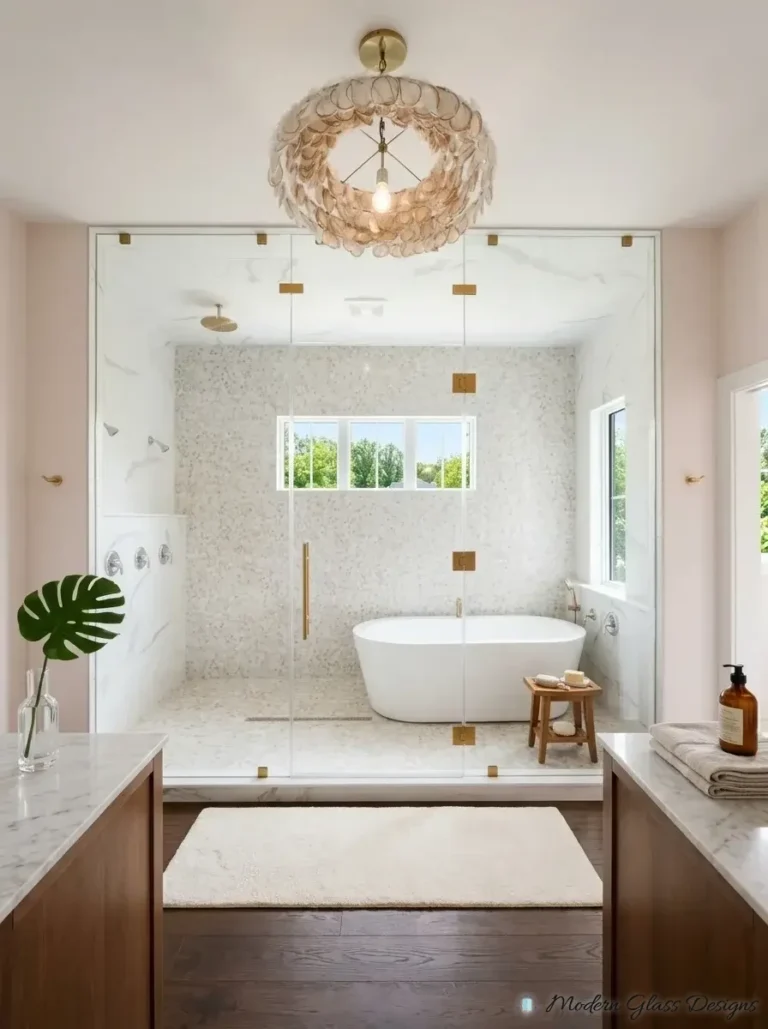 Floor-to-ceiling steam shower glass with brushed brass clamps