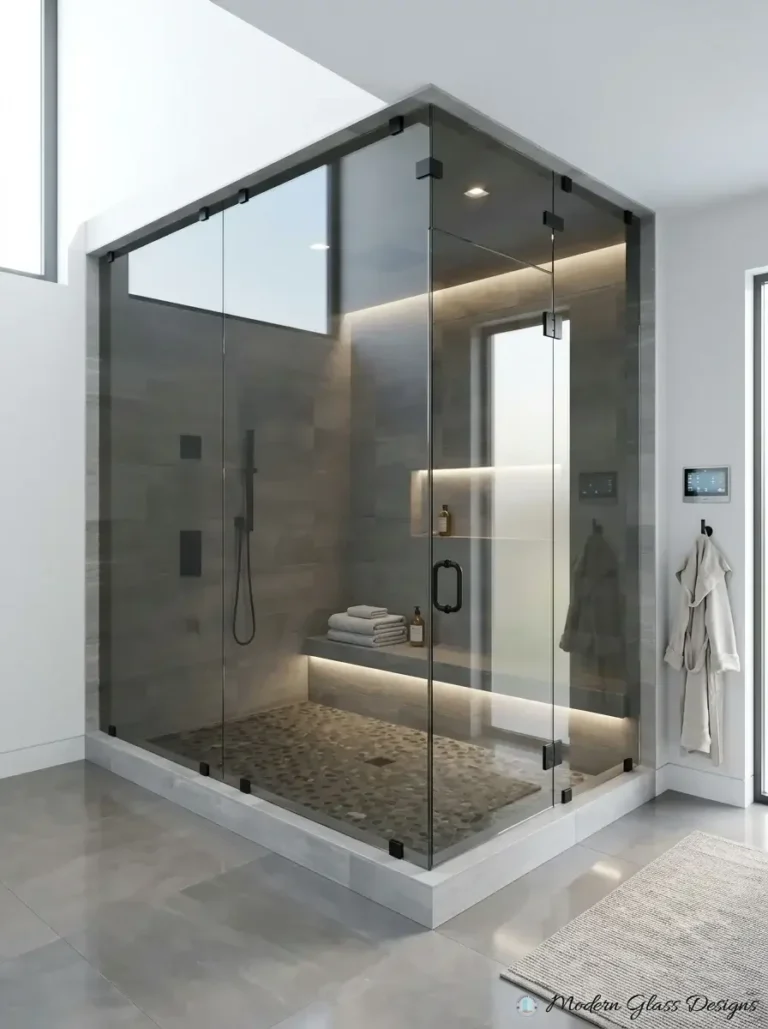 Corner steam shower enclosure to the ceiling with matte black clamps