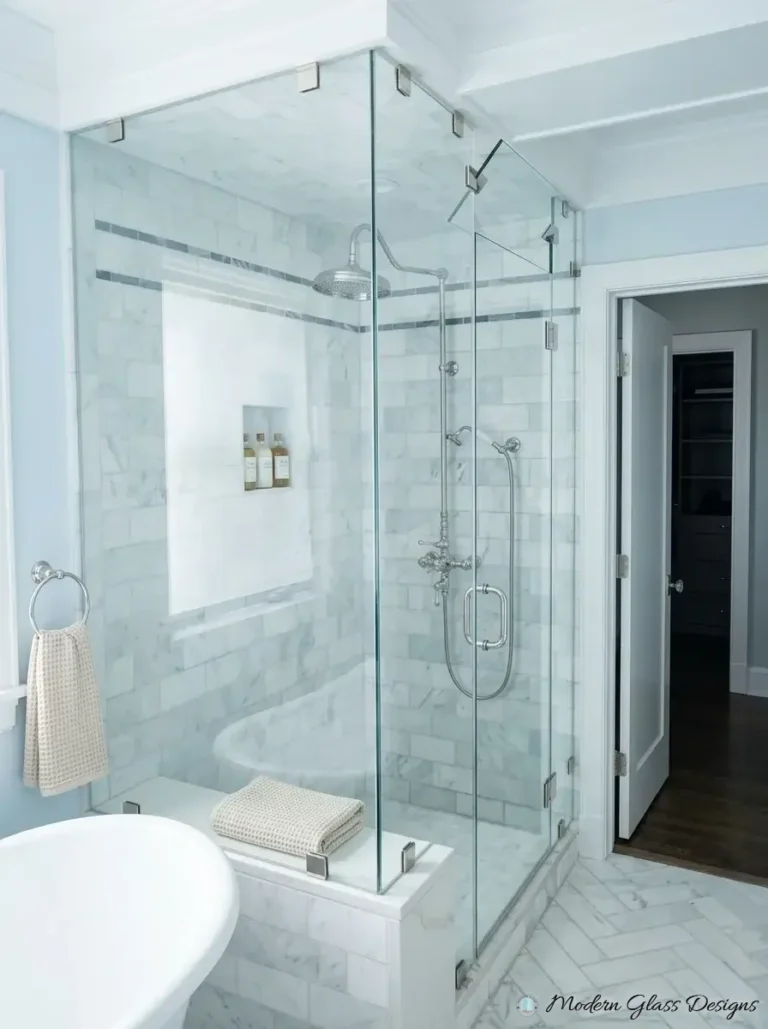 Corner steam shower with glass ceiling panel and knee wall