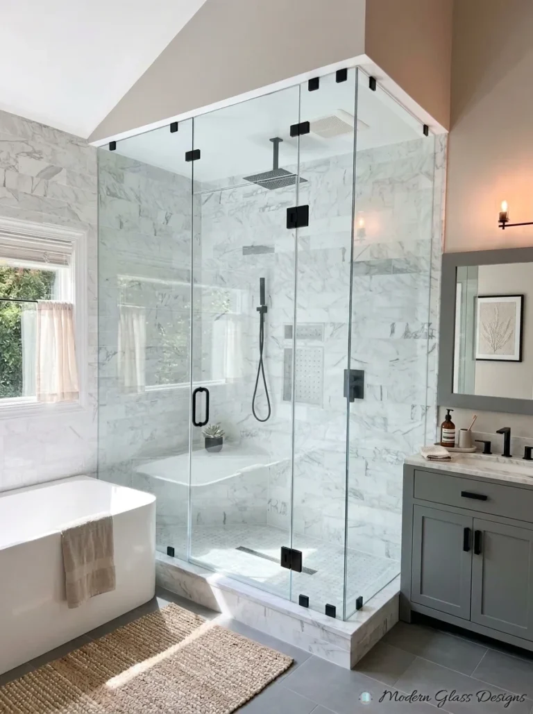 Corner steam shower enclosure with matte black clamps to the ceiling