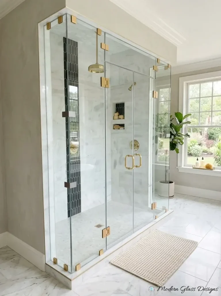 Steam shower enclosure with double doors and brushed brass clamps