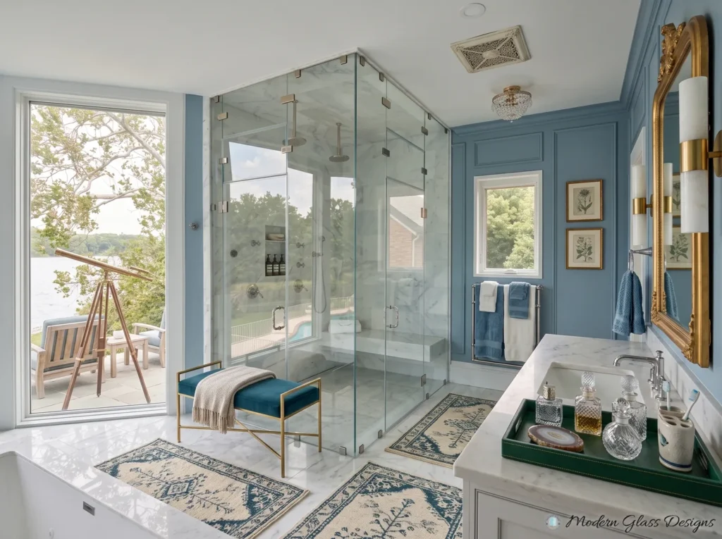 Floor-to-ceiling frameless glass steam shower with two doors and a marble bench