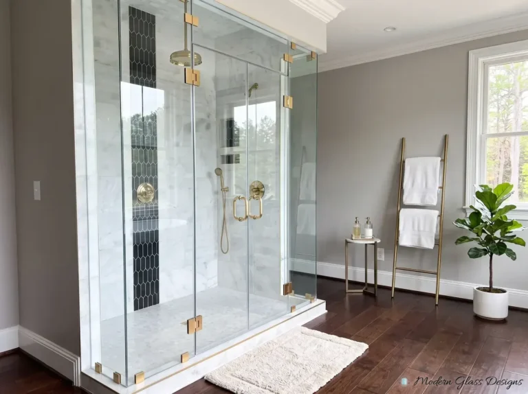 Steam shower enclosure with glass running to the ceiling and a fixed transom panel