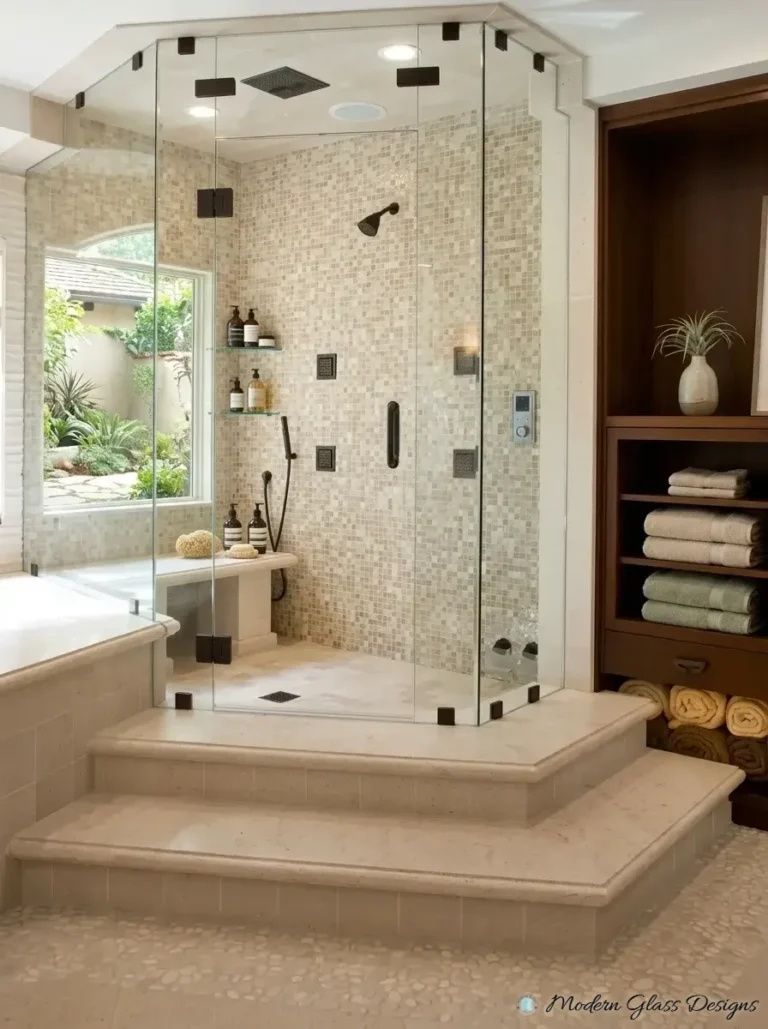 Neo-angle steam shower enclosure with dark bronze clamps