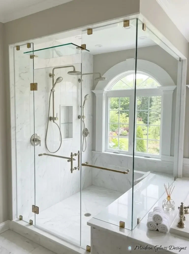 Steam shower enclosure with glass transom and brushed brass hardware
