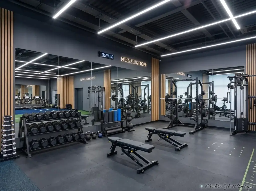 Mirror walls in a strength-training gym